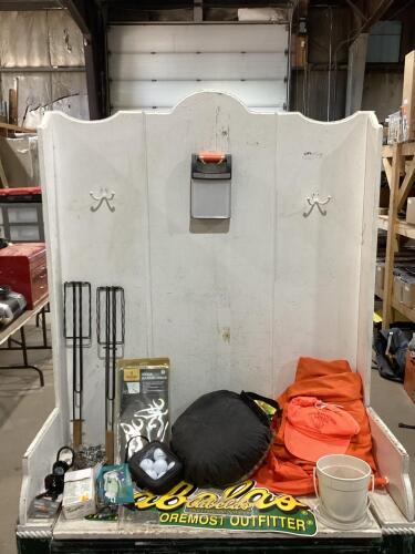 BOX W/ FISHING BAITS, HAT, ENERGIZER, BUCKMARK EMBLEM & MISCELLANEOUS