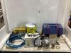 SHOP BOX W/ SAWHORSE BRACKETS, DRILL, BATTERY CHARGER, NAILS, ROLY KIT & MISCELLANEOUS