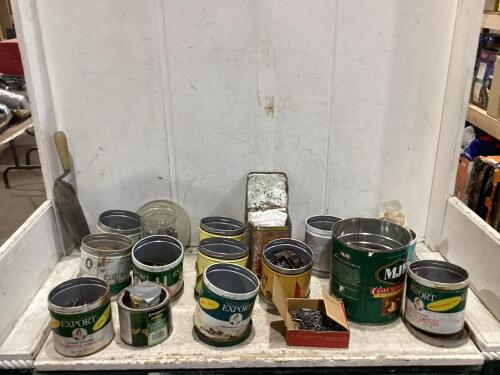SHOP CRATE OF ASSORTED PAILS OF NAILS