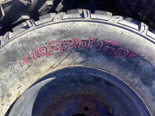 (6) MIXED TIRES - (2) 19X7.00-8, (4) AT16X8-7 W/ 4-BOLT RIMS