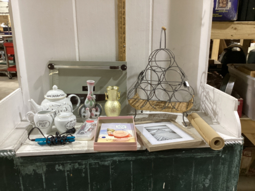 TEA POT, CREAM & SUGAR, FRAMES, PAPER CUTTER, WINE HOLDER