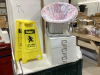 SMALL PINK FOLDING CHAIR, SMALL WOOD FILE CABINET AND 2 SLOW SIGNS