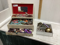 JEWELRY BOX WITH LOTS OF COSTUME AND VINTAGE JEWELRY