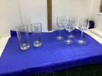 9 CRYSTAL WINE GLASSES + 4 OLYMPIC HIGHBALL GLASSES