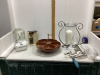 BIG CANDLE HOLDER, GLASS PLATTER, #5 GRINDER, NUT TRAY,CAN OPENER