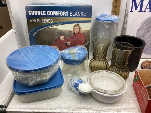 2 BOXES - TUPPERWARE, MARBLE LAZY SUSAN, CASSEROLE, CUDDLE BLANKET,