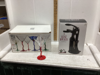 TABLE TOP WINE BOTTLE OPENER + MARTINI GLASSES