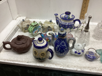 2 BOXES -MINIATURE TEAPOTS, BELL COLLECTION, CANDLE HOLDERS, JUICE JUG