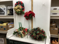 CHRISTMAS DECOR- WREATH, POINSETTIA SPRIGS, CANDLE DISPLAY