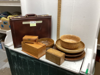 2 PIECES - WOOD TRAYS,WOOD BOWLS, TRINKET BOX, BRIEF CASE