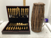 BONGO DRUM AND A SET OF GOLD COLOURED SILVERWARE