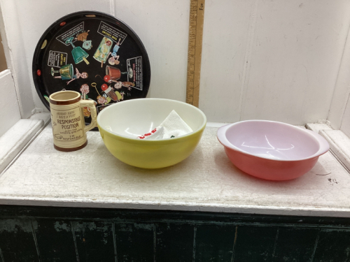 PYREX BOWLS,MUG,METAL DRINK TRAY