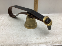 COW BELL. HEAVY BRASS W/LEATHER STRAP