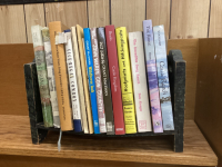 SMALL WOODEN BOOK STAND WITH BOOKS