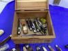 SMALL WOODEN CHEST WITH JACK KNIFE COLLECTION + ONE LIGHTER - 2