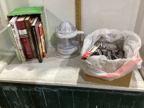 2 BOXES - JUICER, SILVERWARE AND BOOKS