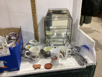 TEACUPS, MUGS, BROWN SUGAR BEARS, DISPLAY CASE, SILVERWARE