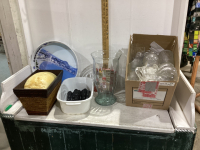 2 BOXES-GLASSWARE, TRAY, VASE