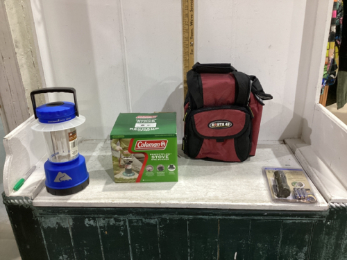 SMALL COOLER BAG, COLEMAN PORTABLE STOVE, LANTERN,