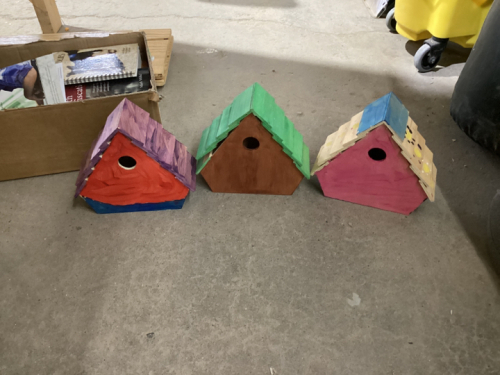 BIRD HOUSES, BOOKS AND HOMEMADE SHELVES