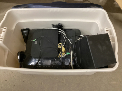 SPEAKER, POWER BAR, PIXMA -COPY/FAX MACHINE IN VERY GOOD HINGED TOTE