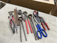 Box w/ misc Nippers, Tin Snips, fencing tools