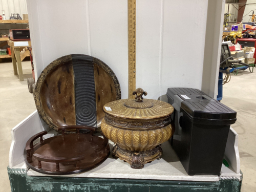 FILE BOX, LAZY SUSAN, LARGE PLATTER, BIG VELVET LINED URN