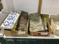 2 BOXES- OLD LICENSE PLATES AND MARBLE ASHTRAYS