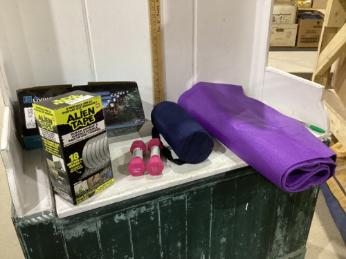 YOGA MAT, HAND WEIGHTS, DOUBLE SIDED TAPE, SOLAR LIGHTS