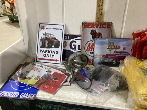 2 BOXES-REPLICA TIN SIGNS, 3 RAIN SUITS, +