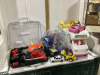 BOX FULL OF TOY CARS, AIRPLANE, MOTORHOME, TOOLS