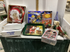 3 BOXES- CHRISTMAS DECOR, COCA-COLA TRAY, RACE SET