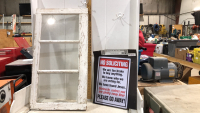 OLD WOOD FRAME WINDOW + METAL SIGN