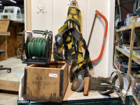 WOOD BOX W/ SAW, SAFETY HARNESS, GRINDING DISCS, AIRHOSE