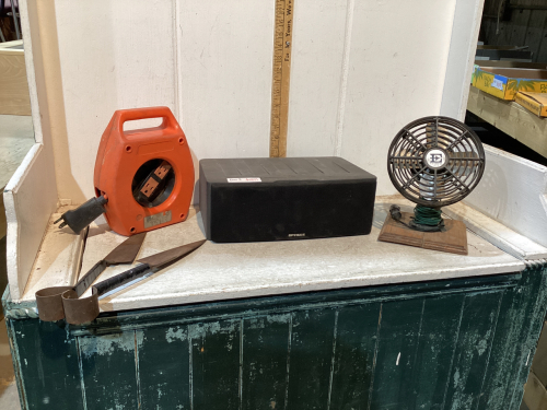 BOX W/ CORD REEL, FAN, SHEARS, SPEAKERS