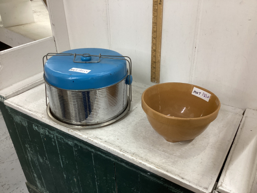 POTTERY BOWL AND CAKE TIN
