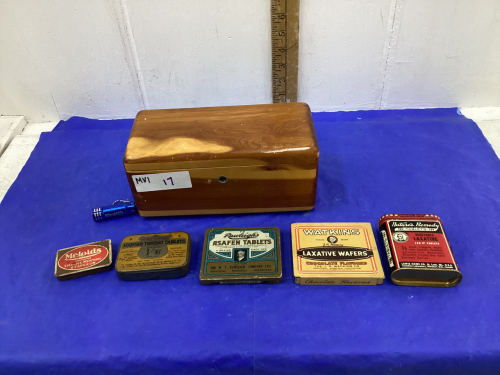 SMALL “LANE” CEDAR CHEST WITH ANTIQUE TINS