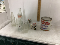 OLD POP BOTTLES, SYRUP TIN , A+W BABY MUGS