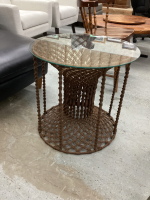 VINTAGE SMALL ROUND MACRAME TABLE WITH GLASS TOP