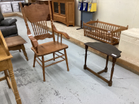 WOOD DINING CHAIR AND LOW 3-LEGGED TABLE