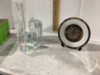 3 CLEAR FINNISH CANDLE HOLDERS AND JAPANESE CHOKIN PLATE