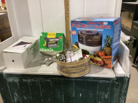 2 BOXES - K-TEL DEHYDRATOR, COOKIE CUTTERS,NOODLE PRESS, SINGER VACUUM