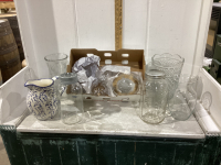 3 BOXES - JARS, GLASSWARE, BOWLS, PLATES , VASES AND PITCHER