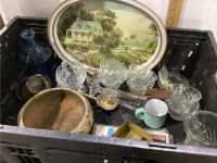 2 BOXES - FRAMES, GLASS CUPS, TIN PLATTER,