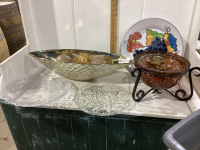 BOAT-SHAPE DECOR BOWL, GLASS PLATTER, WROUGHT IRON HOLDER/ W/BOWL