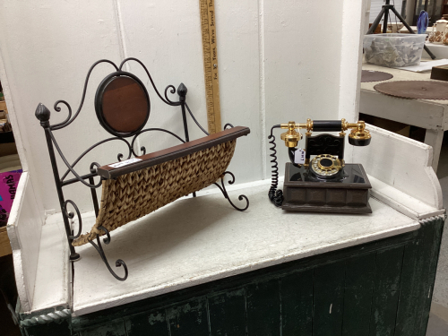 ANTIQUE-LOOK ROTARY PHONE + MAGAZINE HOLDER