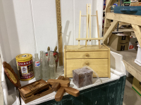 TOTE W/WOOD MASK, TINS POP BOTTLES,BREAD BOX, DOMINOES