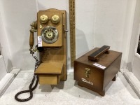 ANTIQUE-LOOKING PUSH BUTTON PHONE + EMPTY SHOE-SHINE BOX