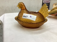 VINTAGE AMBER COLOUR CHICKEN CANDY DISH