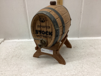 SMALL HEAVY GLASS VERMOUTH KEG ON WOOD STAND
